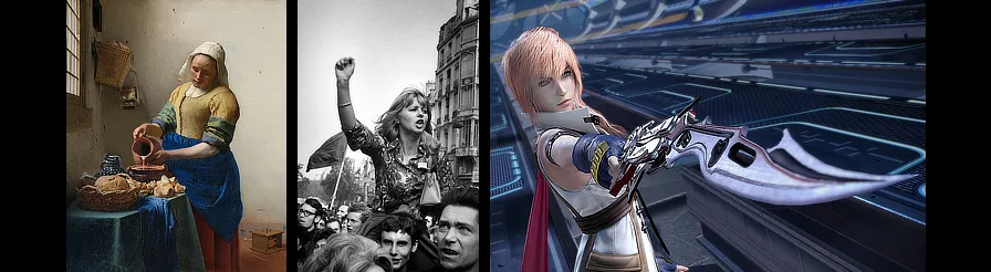 Johannes Vermeer. Het melkmeisje. 1660 / Marc Riboud. Mai 68. 1968 / Dissidia Final Fantasy, Lightning. 2017