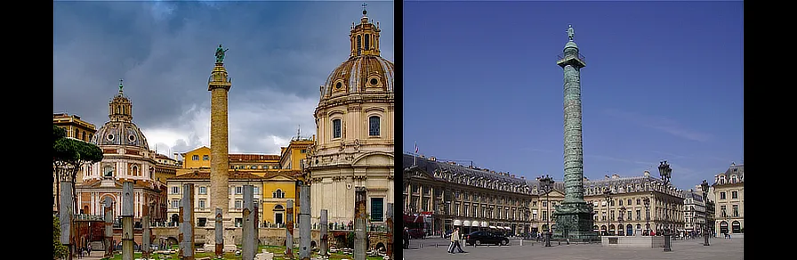 Colonna Traiana, Roma. 1588 / Colonne Vendôme, Paris. 1875