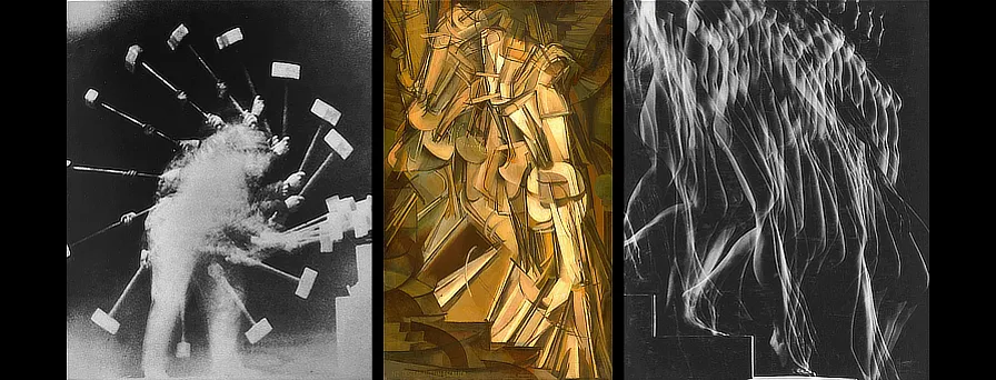 Étienne-Jules Marey. Le coup de marteau, vers 1895/ Marcel Duchamp. Nu descendant un escalier, n° 2. 1912? / Gjon Mili. Nu descendant l'escalier (hommage à Marcel Duchamp). 1949