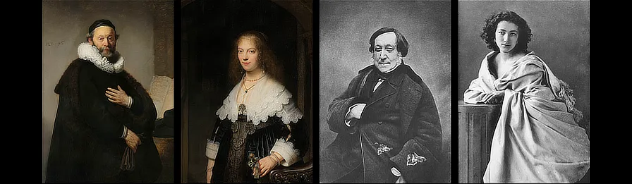Rembrandt van Rijn: Johannes Wtenbogaert. 1633; Maria Trip?. 1639/ Gaspard-Félix Tournachon (Nadar): Gioacchino Rossini, vers 1855-1856; Sarah Bernhardt, vers 1860-1865
