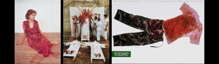 Jana Sterbak. Vanitas: Flesh Dress for an Albino Anorectic. 1987 / Hermann Nitsch. Aktion auf Prinzendorf. 1984/ Oliveiro Toscani (Publicitat Benetton). Bosnian soldier. 1994