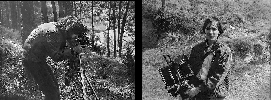 Two photographs, Toni Bover taking a photo and holding a camera